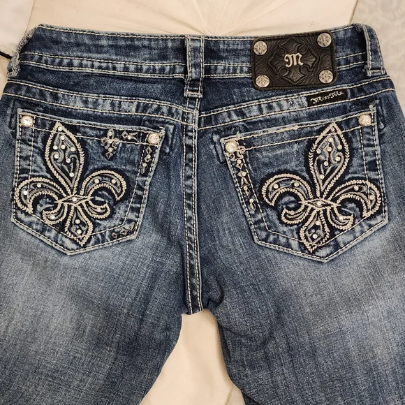 Miss Me Blue Boot Cut Jeans with Fleur-de-Lis Pockets - Picture 2 of 6